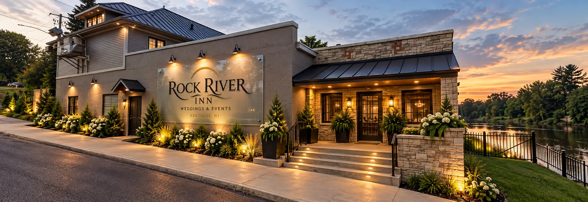 Rendering of the Rock River Inn entrance on Main St beside the river